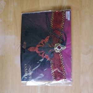 Flapper headband, red, black, sequined, gold, feathers, roaring 20s,